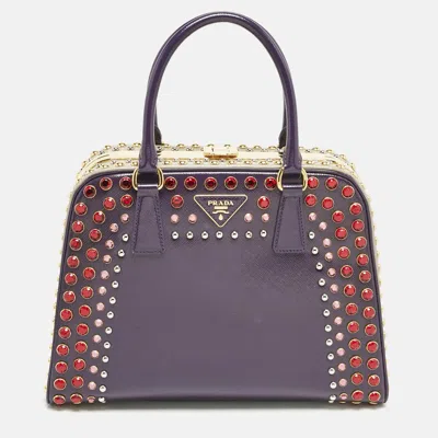Pre-owned Prada Purple/grey Saffiano Patent Leather Studded Pyramid Frame Satchel