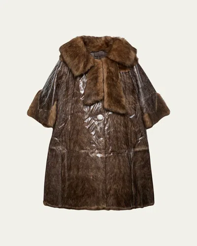 Prada Pvc Coated Lamb Shearling Single-breasted Coat In Brown