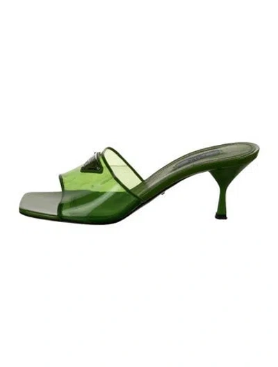 Pre-owned Prada Pvc Leather Trim Embellishment Slides In Green