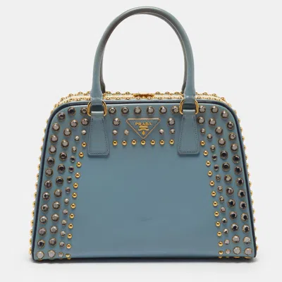 Pre-owned Prada Pyramid Frame Crystal Embellished Light Blue Saffiano Vernic Leather Satchel