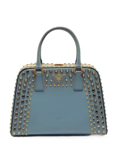 Pre-owned Prada Pyramid Frame Crystal-embellished Tote Bag In Blue