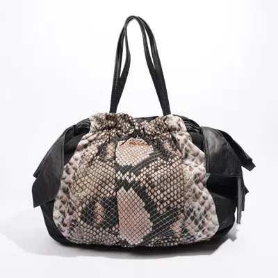 Prada Python Print Bow Detail / / Nylon Shoulder Bag In Black