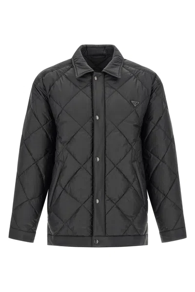 Prada Quilted Down Jacket With Logo In Black