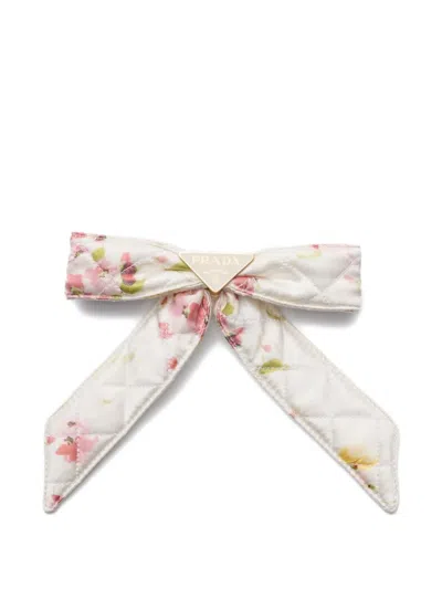 Prada Quilted Floral-print Bow Hair Clip In White
