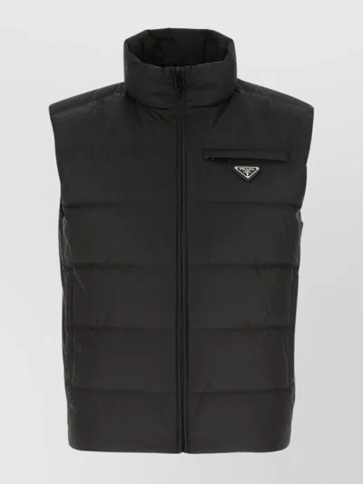 Prada Quilted High Collar Sleeveless Down Jacket In Black