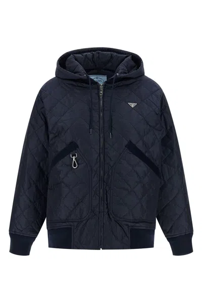 Prada Quilted Hooded Jacket In Blue