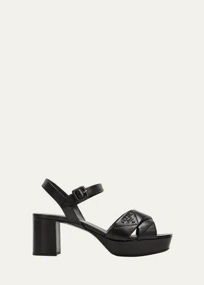 PRADA QUILTED LEATHER ANKLE-STRAP PLATFORM SANDALS