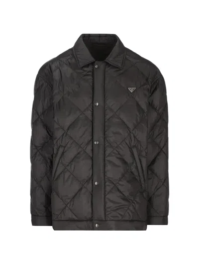 Prada Quilted Logo-plaque Coat In Black