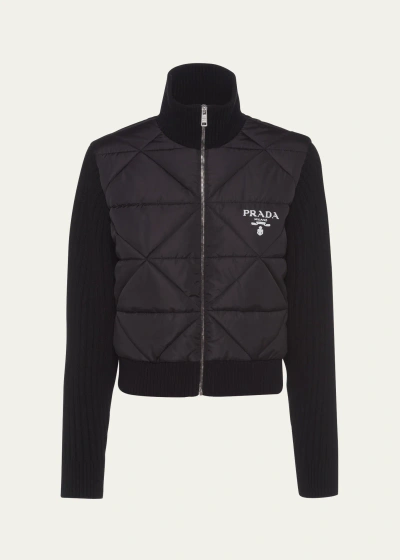 Prada Quilted Nylon Zip-up Jacket With Wool Sleeves In F0002 Nero