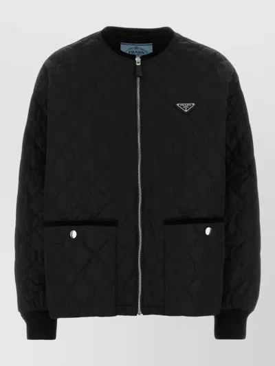 Prada Quilted Polyester Jacket Front Pockets Ribbed Cuffs In Black