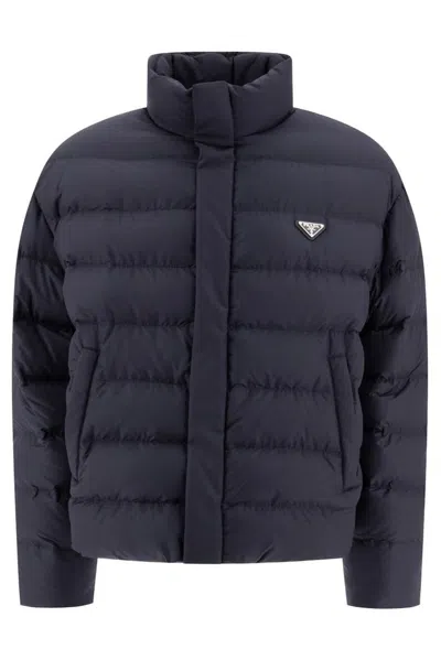 Prada Cropped Technical Fabric Down Jacket In Blue