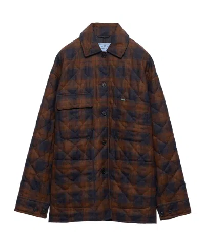 Prada Womens Brown Quilted Check Wool Caban Jacket