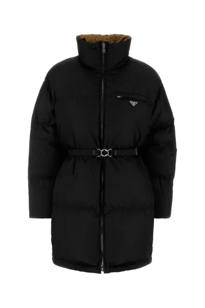 Prada Down Jacket With High Collar And Belt In Black