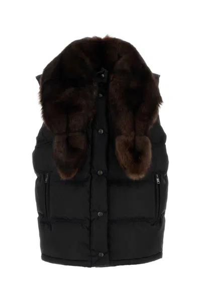 Prada Renylon Sleeveless Down Jacket Fur Collar In Black