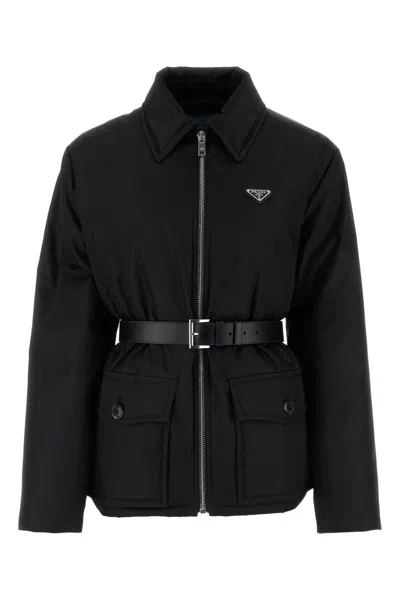 Prada Re-nylon Down Jacket With Belt In Black