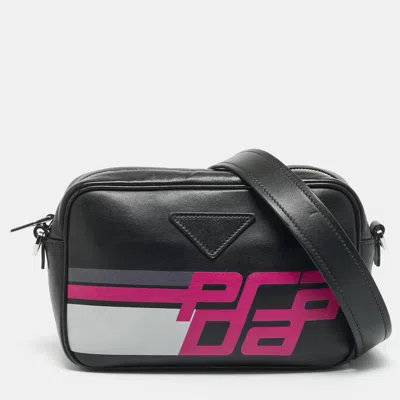 Pre-owned Prada Racing Logo Black Leather Camera Bag