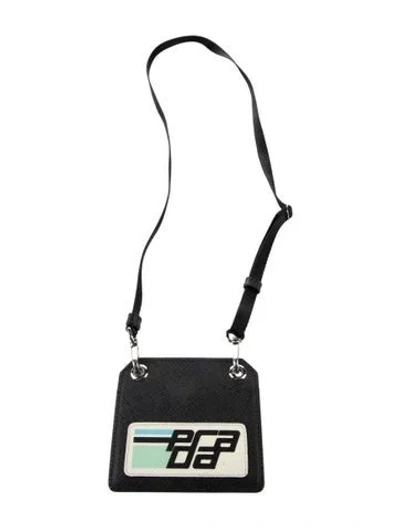Pre-owned Prada Racing Logo Patch Lanyard Id Holder In Black
