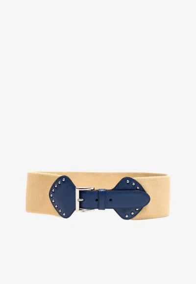 Prada Raffia And Leather Belt With Studs In Neutral