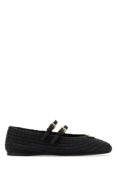 Prada Raffia Ballerinas In Black