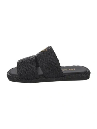 Pre-owned Prada Raffia Braided Accents Slides In Black