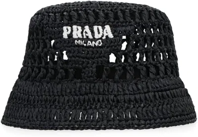 Prada Raffia Bucket Hat In Black | ModeSens