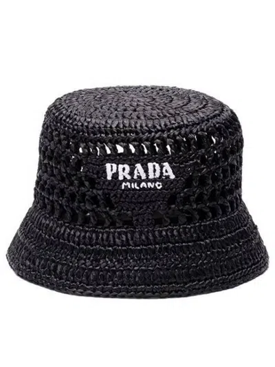 Prada Raffia Bucket Hat In Black