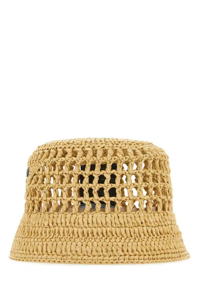 Prada Women Logo Raffia Bucket Hat In Cream