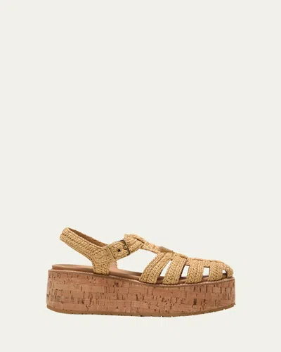 Prada Raffia Cork Platform Fisherman Sandals In Naturale