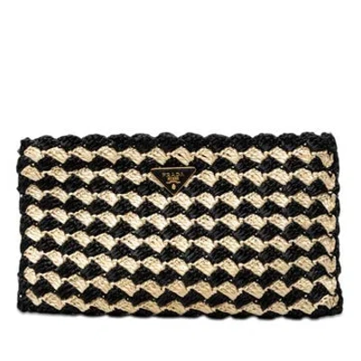Pre-owned Prada Raffia Crochet Clutch In Black