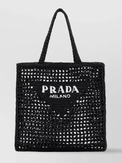 PRADA RAFFIA CROCHET SHOPPING BAG TOP HANDLES