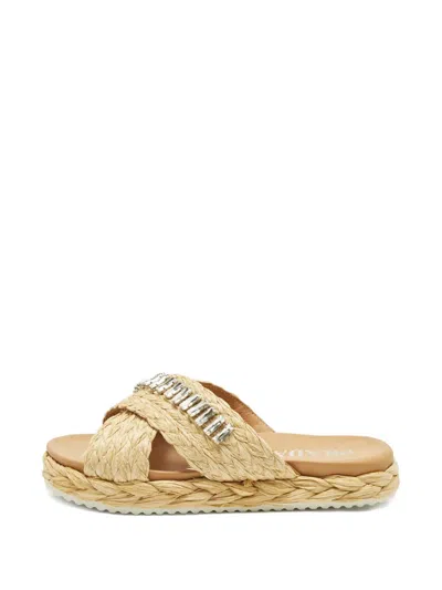 Pre-owned Prada Raffia Crystal-embellished Flat Espadrilles In Neutral