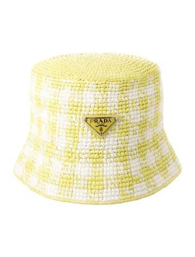 Pre-owned Prada Raffia Enameled Metal Triangle Logo Sun Hat In Yellow