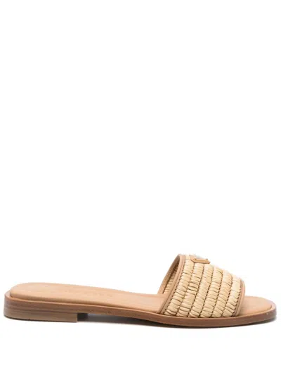 Prada Beige Raffia And Leather Slippers In Neutral