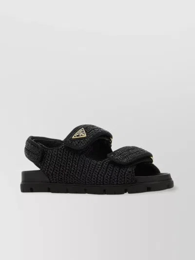 Prada Raffia Flat Sole Sandals With Woven Braided Design In Black