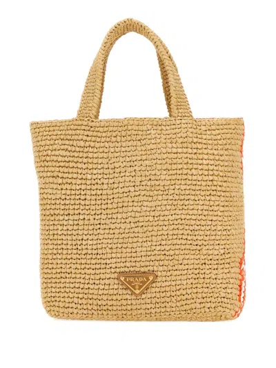 Prada Raffia Floral Tote Bag In Neutral