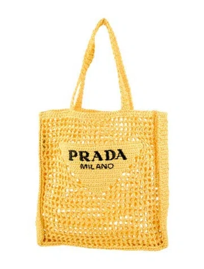 Pre-owned Prada Raffia Grass Logo Tote In Yellow