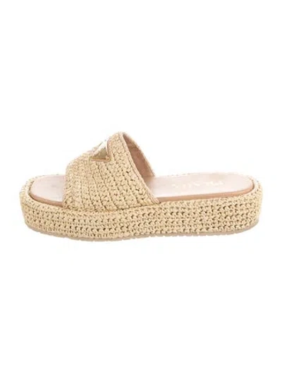 Pre-owned Prada Raffia Leather Trim Embellishment Slides In Neutrals