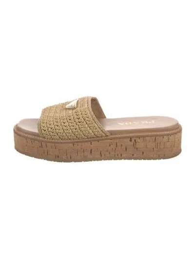 Pre-owned Prada Raffia Leather Trim Embellishment Slides In Neutrals