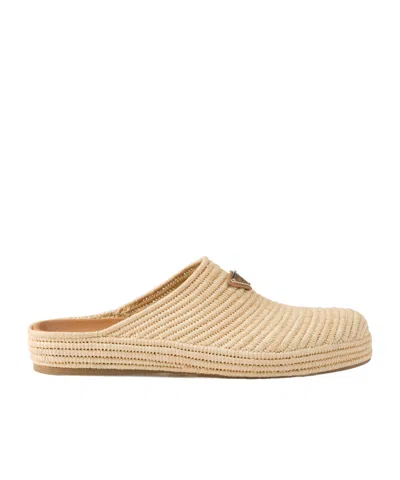 Prada Raffia Mules In Natural Color