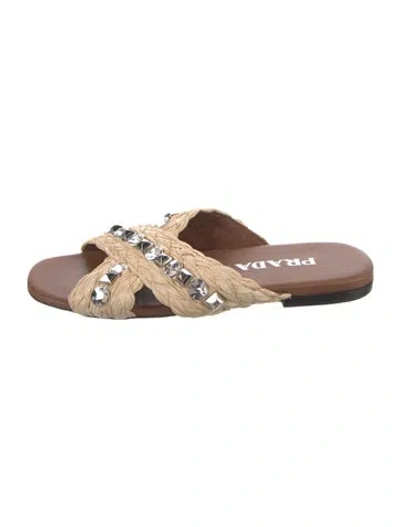 Pre-owned Prada Raffia Patterned Slides In Neutral