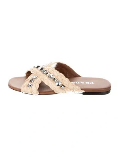 Pre-owned Prada Raffia Patterned Slides In Neutral