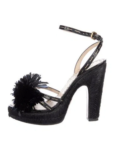 Pre-owned Prada Raffia Pom-pom Embellishments Slingback Pumps In Blue