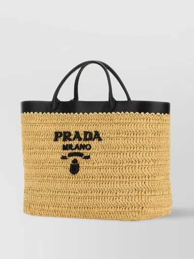 Prada Raffia Shopping Bag Silhouette Structured In Naturalenero