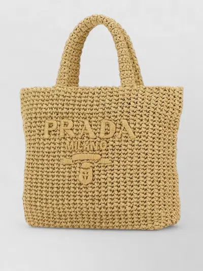 Prada Raffia Shoulder Bag Featuring Woven Texture In Brown