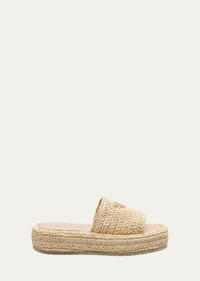 Prada Raffia Single-band Platform Slides In Naturale