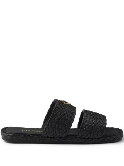 Prada Raffia Slides In Black