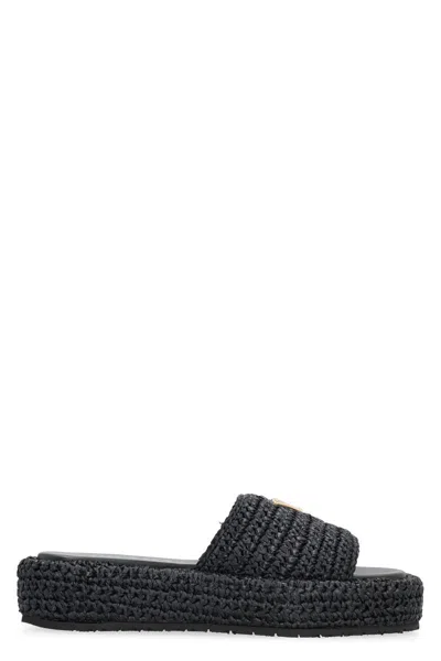 Prada Raffia Flatform Slide Sandal In Black