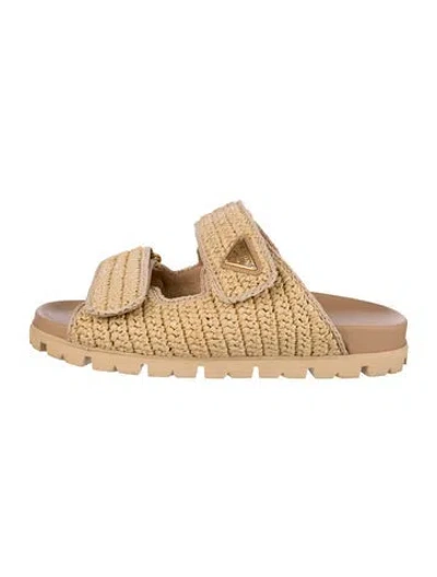 Pre-owned Prada Raffia Slides In Brown