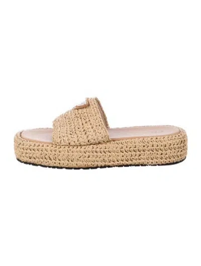 Pre-owned Prada Raffia Slides Enameled Metal Triangle Slides In Neutrals