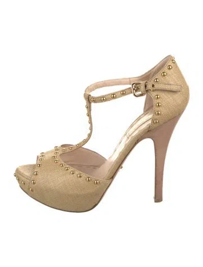 Pre-owned Prada Raffia Studded Accents T-strap Pumps In Neutral